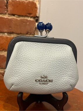 Coach Nora Blueberry Kiss Lock Coin Purse Wallet Blue Teal Color Block Authentic